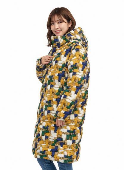 030 NISHIKIx Tweed Print Unisex Long Down Jacket - Golden Ochre