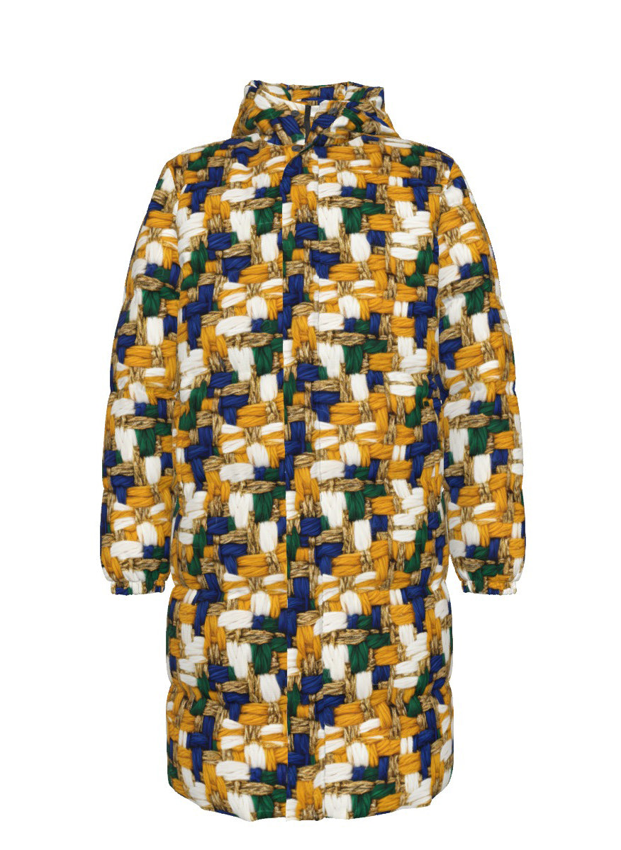 030 NISHIKIx Tweed Print Unisex Long Down Jacket - Golden Ochre