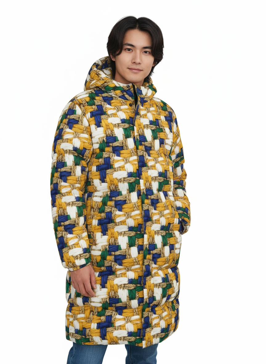 030 NISHIKIx Tweed Print Unisex Long Down Jacket - Golden Ochre