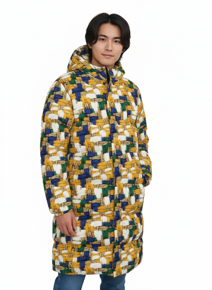 030 NISHIKIx Tweed Print Unisex Long Down Jacket - Golden Ochre