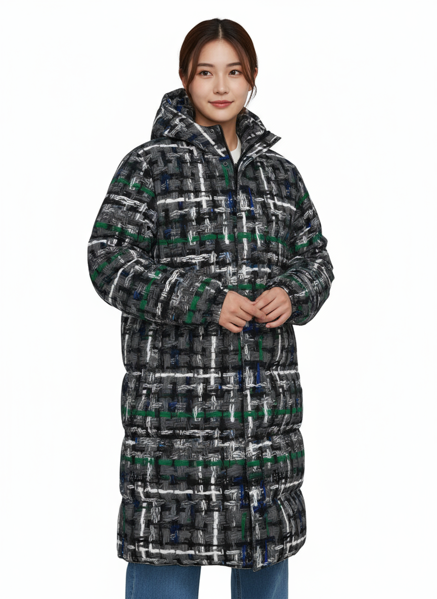 037 NISHIKIx Tweed Print Unisex Long Down Jacket - Gray