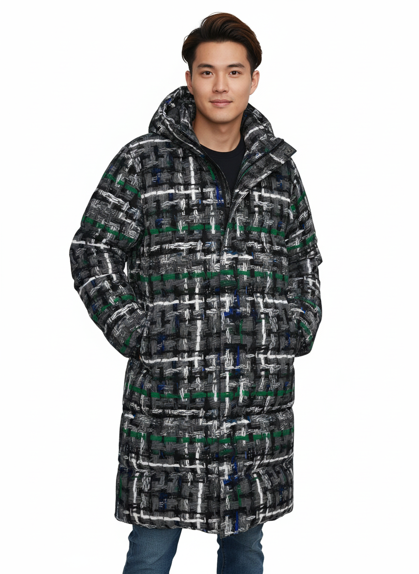 037 NISHIKIx Tweed Print Unisex Long Down Jacket - Gray