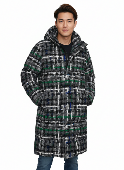 037 NISHIKIx Tweed Print Unisex Long Down Jacket - Gray