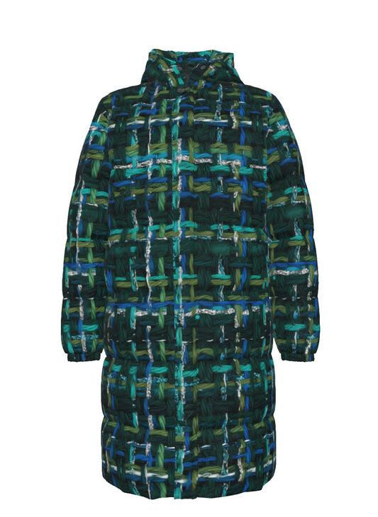 061  NISHIKIx Tweed Print Unisex Long Down Jacket - Green Deep