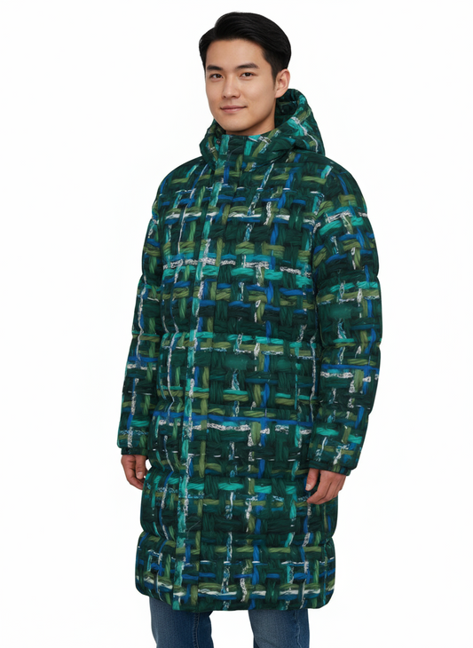 061  NISHIKIx Tweed Print Unisex Long Down Jacket - Green Deep