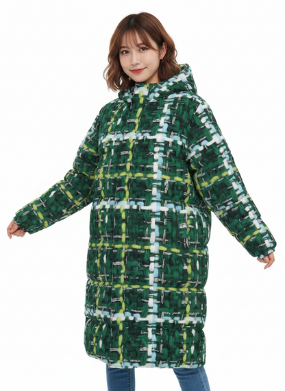 015 NISHIKIx Tweed Print Unisex Long Down Jacket - Green