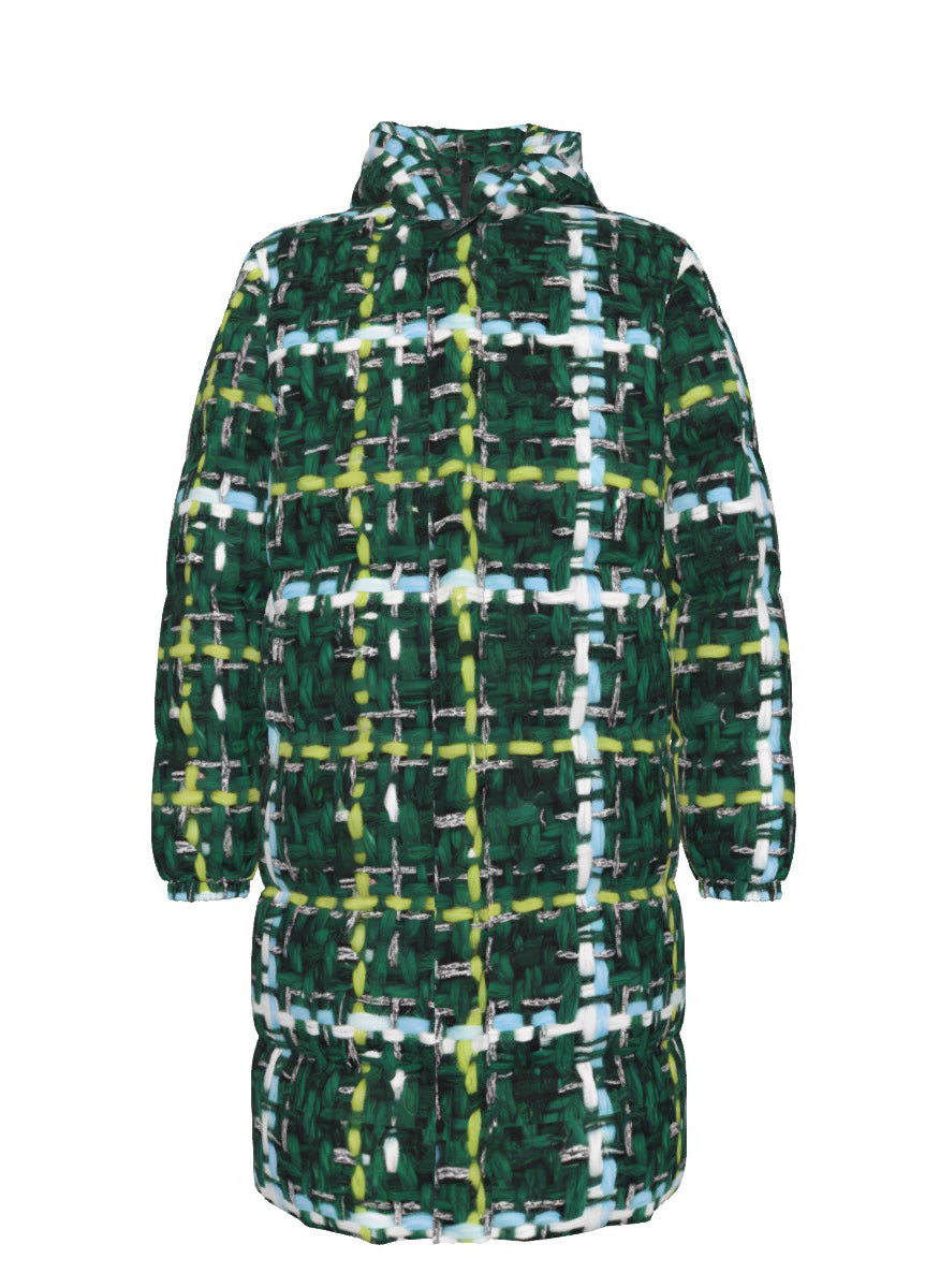 015 NISHIKIx Tweed Print Unisex Long Down Jacket - Green
