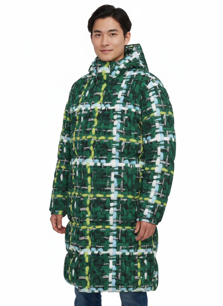 015 NISHIKIx Tweed Print Unisex Long Down Jacket - Green