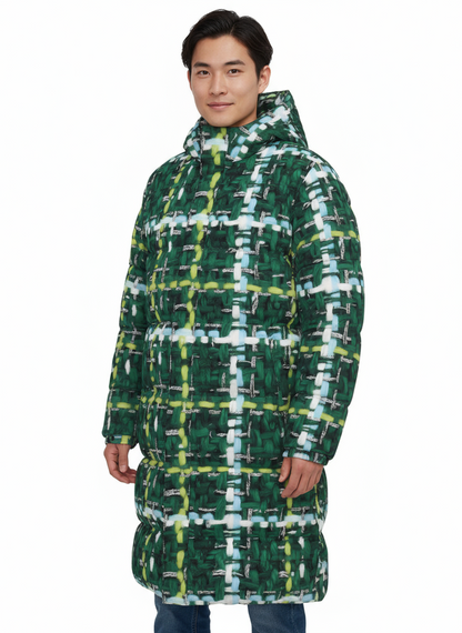 015 NISHIKIx Tweed Print Unisex Long Down Jacket - Green