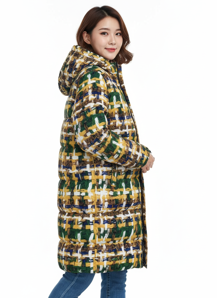 041 NISHIKIx Tweed Print Unisex Long Down Jacket - Indian Yellow
