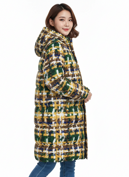 041 NISHIKIx Tweed Print Unisex Long Down Jacket - Indian Yellow