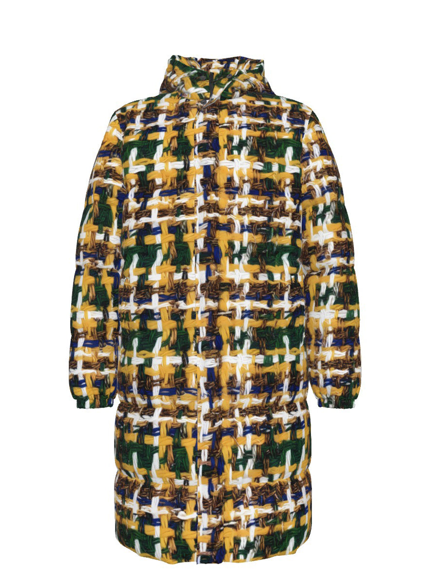 041 NISHIKIx Tweed Print Unisex Long Down Jacket - Indian Yellow