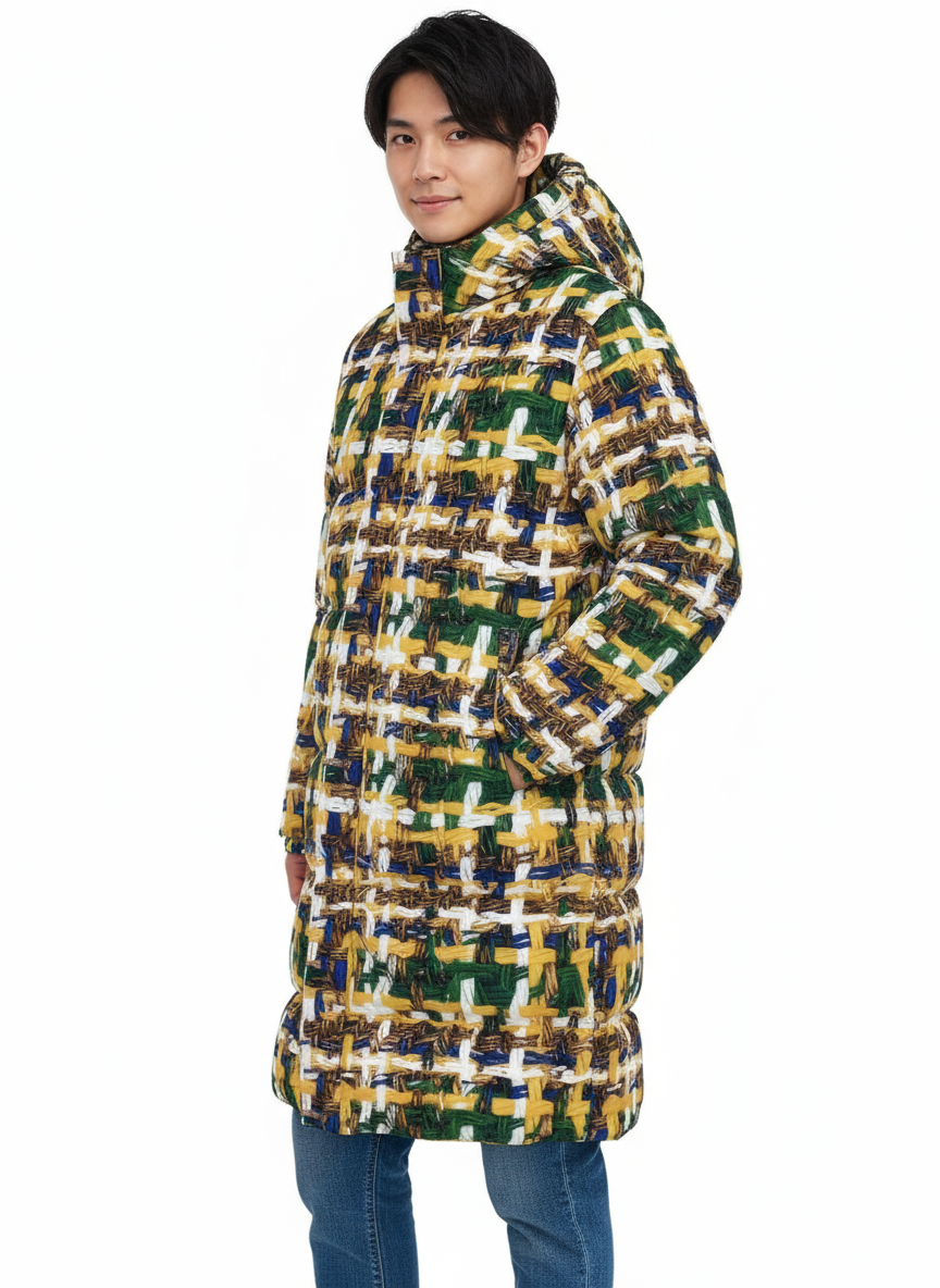 041 NISHIKIx Tweed Print Unisex Long Down Jacket - Indian Yellow