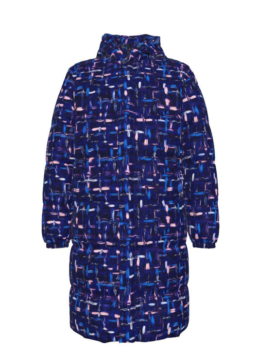 063 NISHIKIx Tweed Print Unisex Long Down Jacket - Indigo