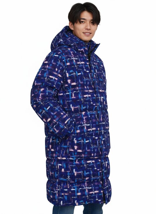 063 NISHIKIx Tweed Print Unisex Long Down Jacket - Indigo