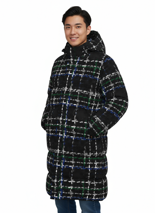 071 NISHIKIx Tweed Print Unisex Long Down Jacket - Ivory Black