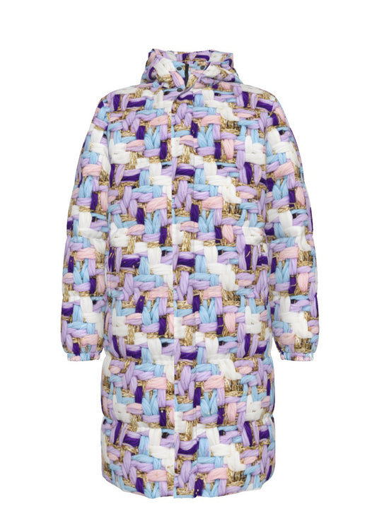 066 NISHIKIx Tweed Print Unisex Long Down Jacket - Lavender