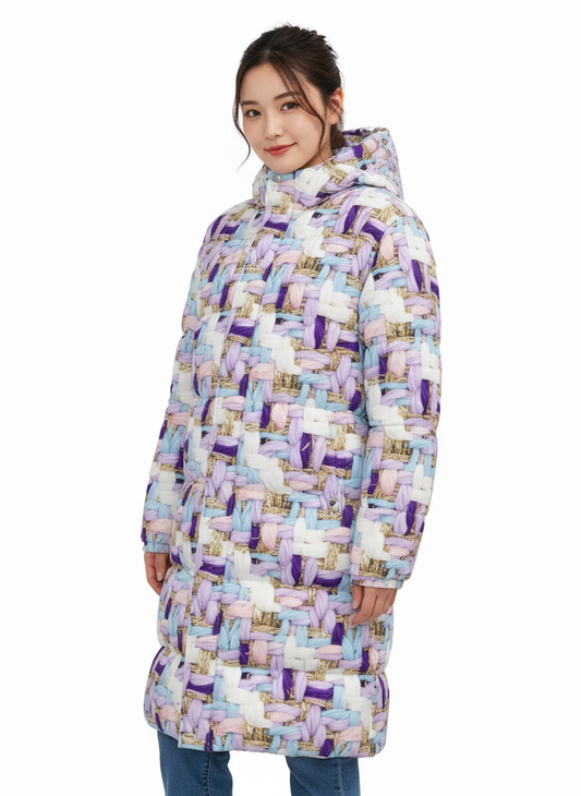 066 NISHIKIx Tweed Print Unisex Long Down Jacket - Lavender