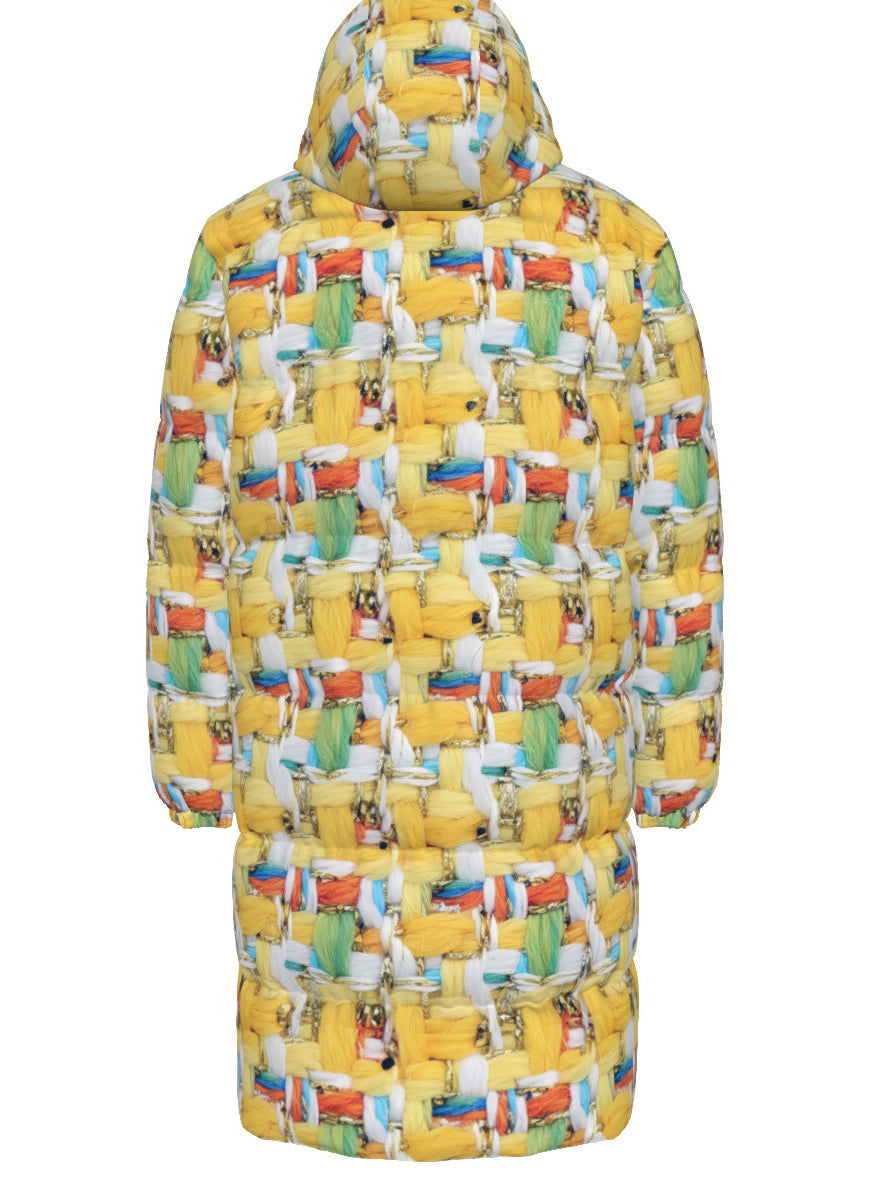 002 NISHIKIx Tweed Print Unisex Long Down Jacket - Lemon Yellow