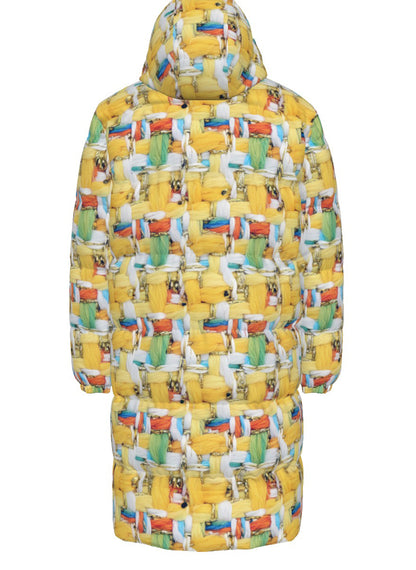 002 NISHIKIx Tweed Print Unisex Long Down Jacket - Lemon Yellow