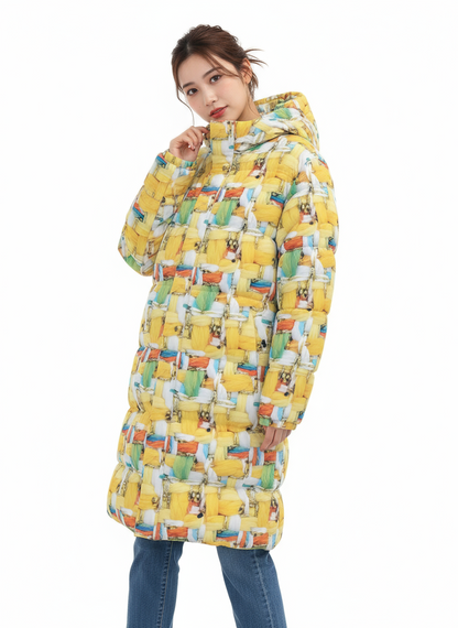 002 NISHIKIx Tweed Print Unisex Long Down Jacket - Lemon Yellow