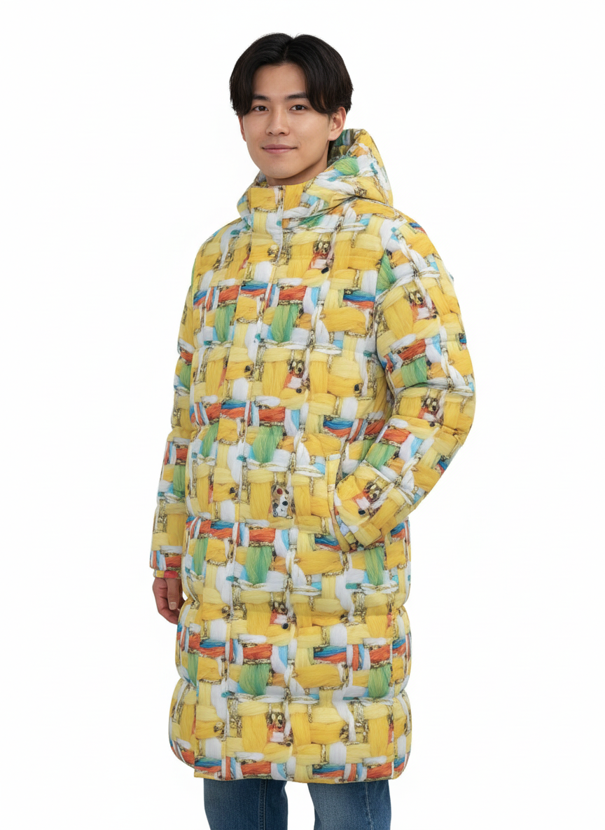 002 NISHIKIx Tweed Print Unisex Long Down Jacket - Lemon Yellow