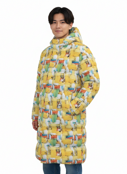 002 NISHIKIx Tweed Print Unisex Long Down Jacket - Lemon Yellow