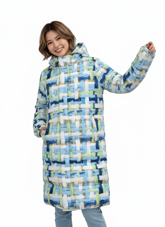 064 NISHIKIx Tweed Print Unisex Long Down Jacket - Light Blue