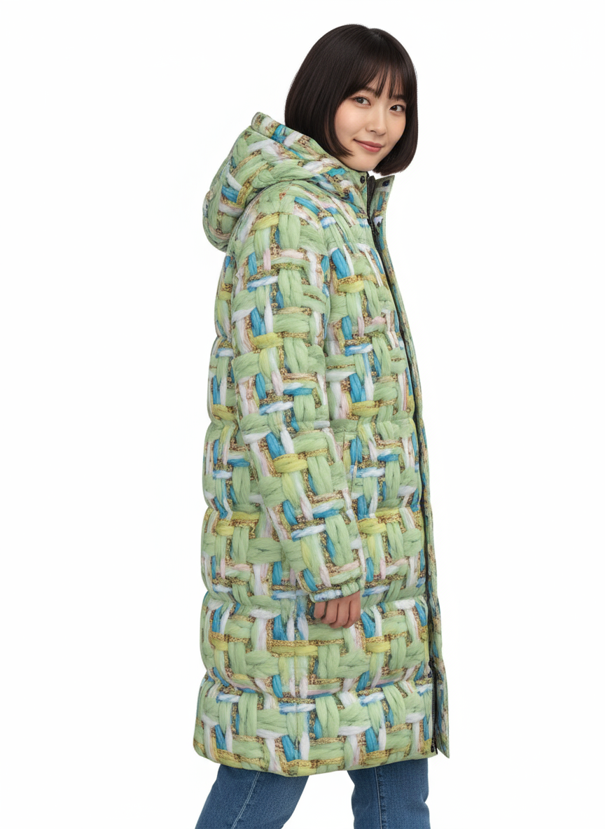 014 NISHIKIx Tweed Print Unisex Long Down Jacket - Light Green