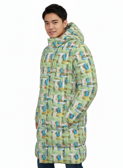014 NISHIKIx Tweed Print Unisex Long Down Jacket - Light Green