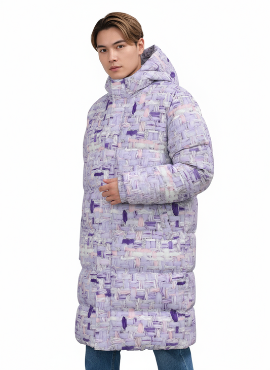 067 NISHIKIx Tweed Print Unisex Long Down Jacket - Light Violet
