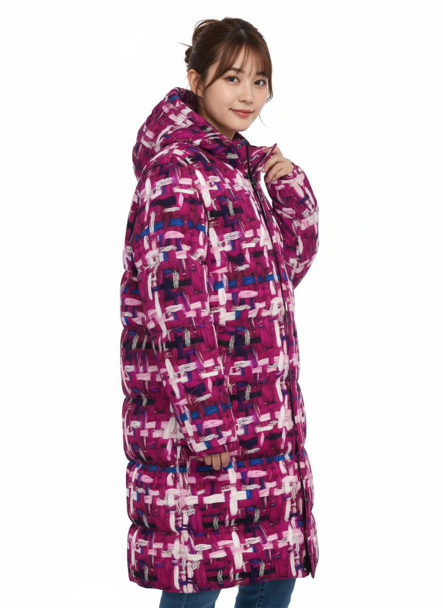028 NISHIKIx Tweed Print Unisex Long Down Jacket - Magenta