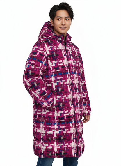 028 NISHIKIx Tweed Print Unisex Long Down Jacket - Magenta