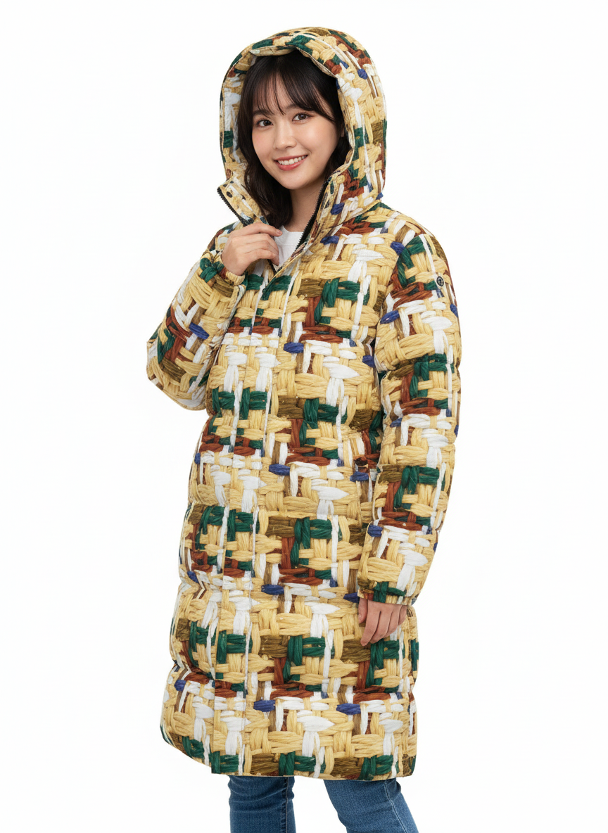 040 NISHIKIx Tweed Print Unisex Long Down Jacket - Naples Yellow