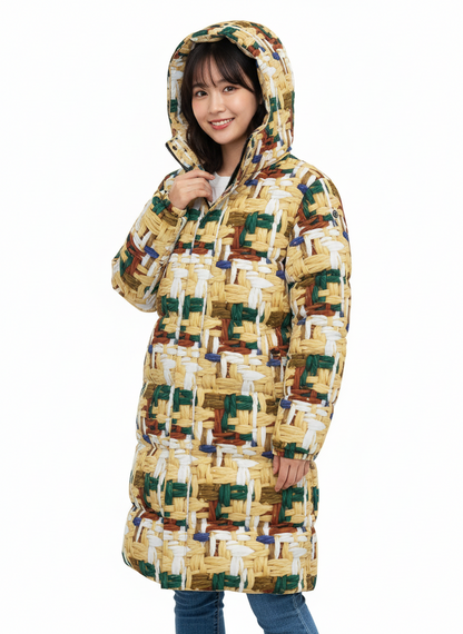 040 NISHIKIx Tweed Print Unisex Long Down Jacket - Naples Yellow