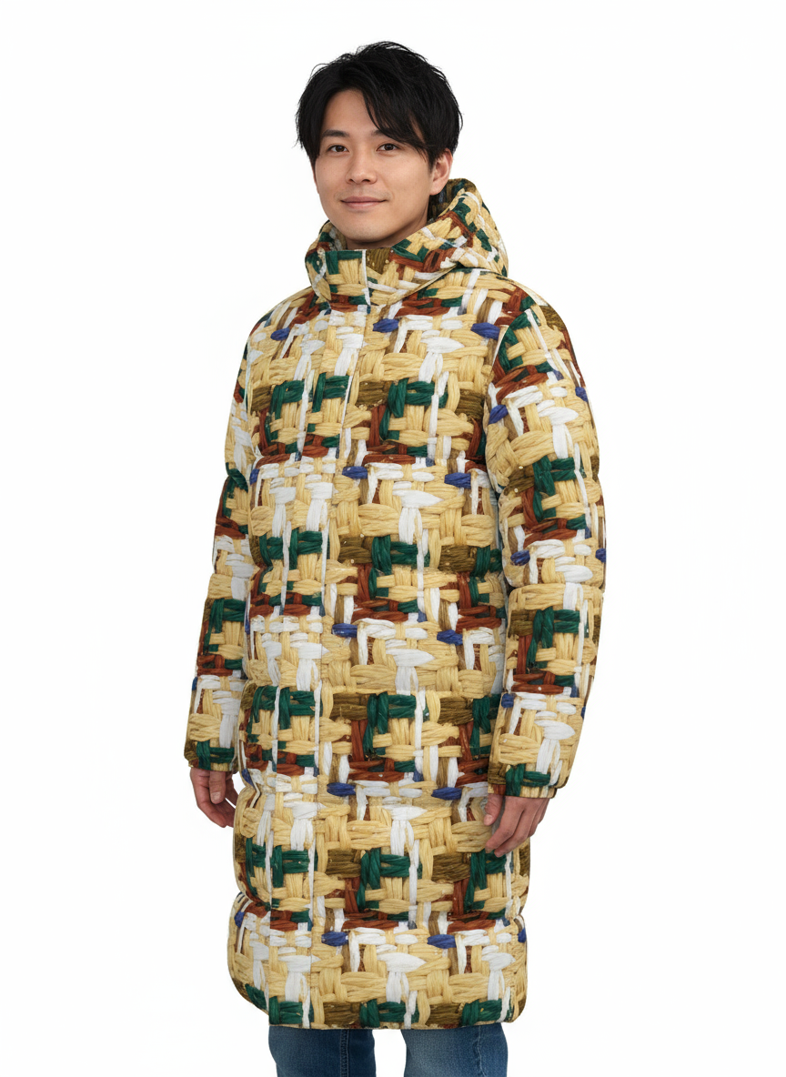 040 NISHIKIx Tweed Print Unisex Long Down Jacket - Naples Yellow