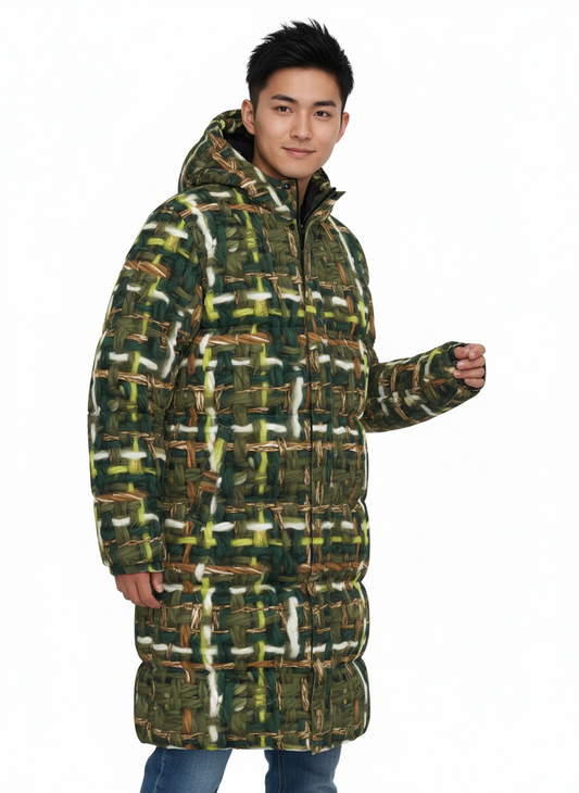 059 NISHIKIx Tweed Print Unisex Long Down Jacket - Olive Green