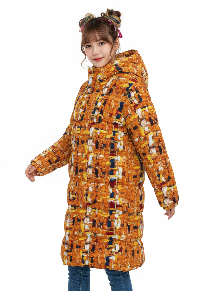 005 NISHIKIx Tweed Print Unisex Long Down Jacket - Orange