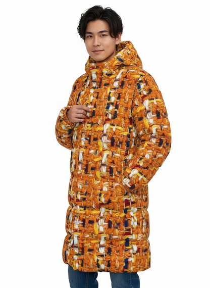 005 NISHIKIx Tweed Print Unisex Long Down Jacket - Orange