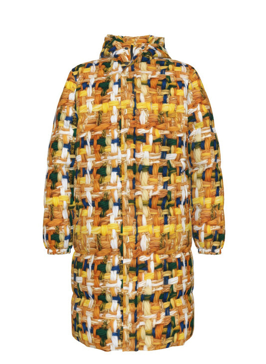051 NISHIKIx Tweed Print Unisex Long Down Jacket - Orange Yellow