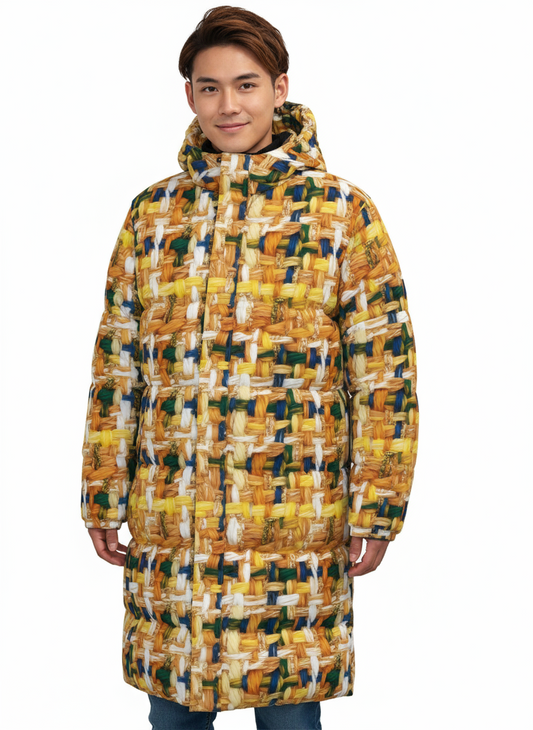 051 NISHIKIx Tweed Print Unisex Long Down Jacket - Orange Yellow