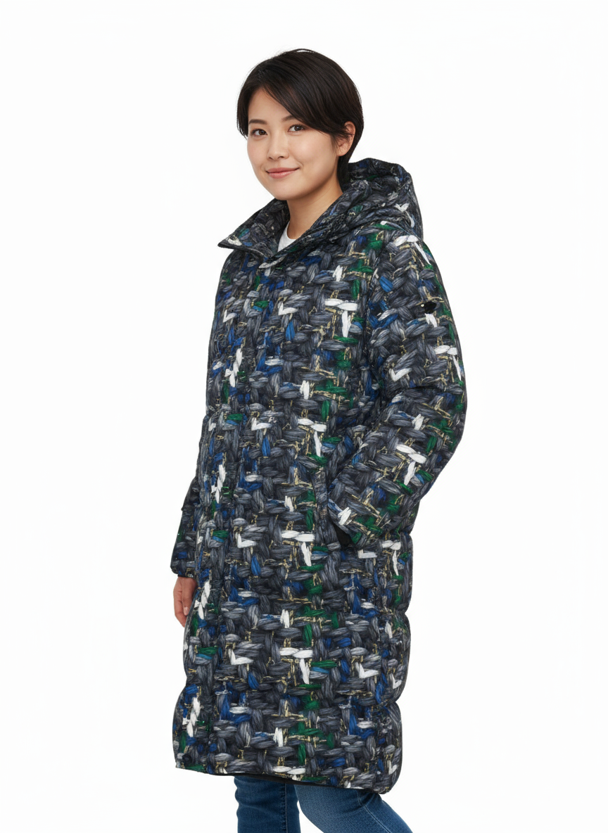 038 NISHIKIx Tweed Print Unisex Long Down Jacket - Paynes Gray