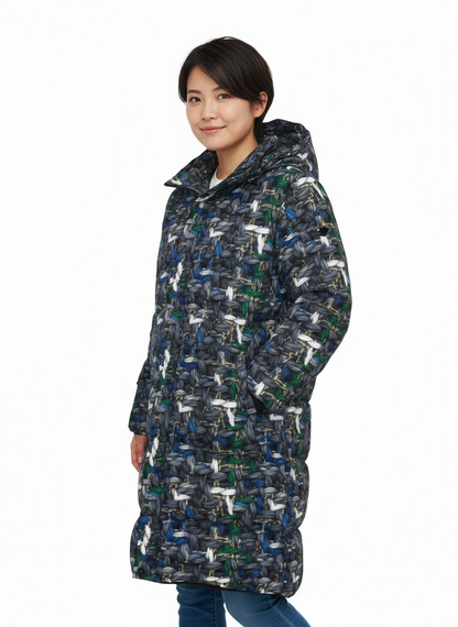 038 NISHIKIx Tweed Print Unisex Long Down Jacket - Paynes Gray
