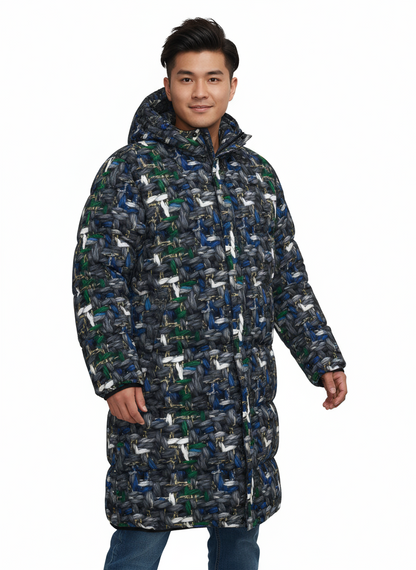 038 NISHIKIx Tweed Print Unisex Long Down Jacket - Paynes Gray