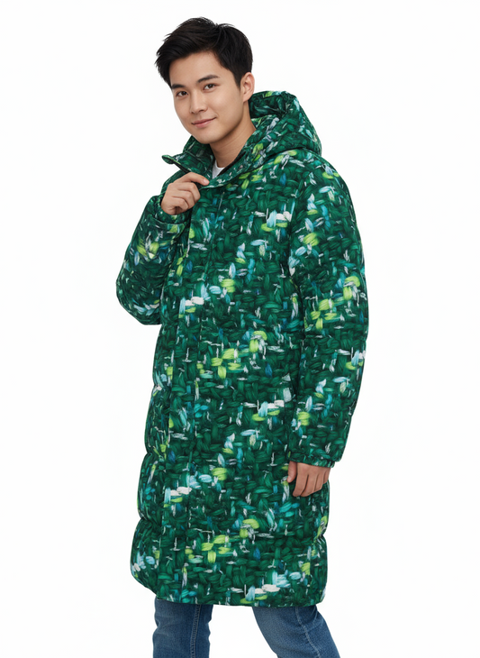 057 NISHIKIx Tweed Print Unisex Long Down Jacket - Peacock Green