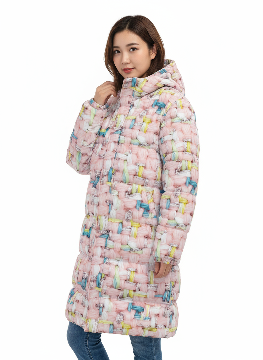 011 NISHIKIx Tweed Print Unisex Long Down Jacket - Pink