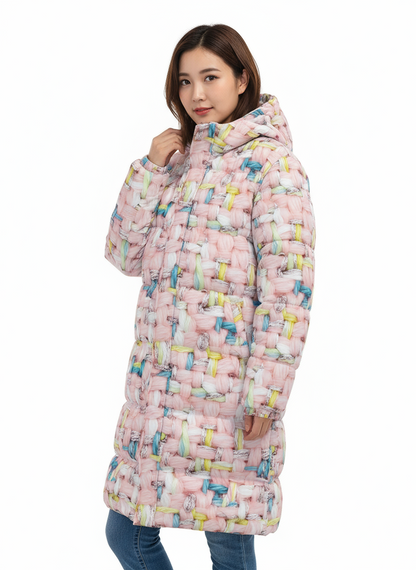 011 NISHIKIx Tweed Print Unisex Long Down Jacket - Pink