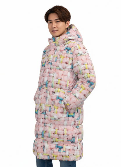 011 NISHIKIx Tweed Print Unisex Long Down Jacket - Pink