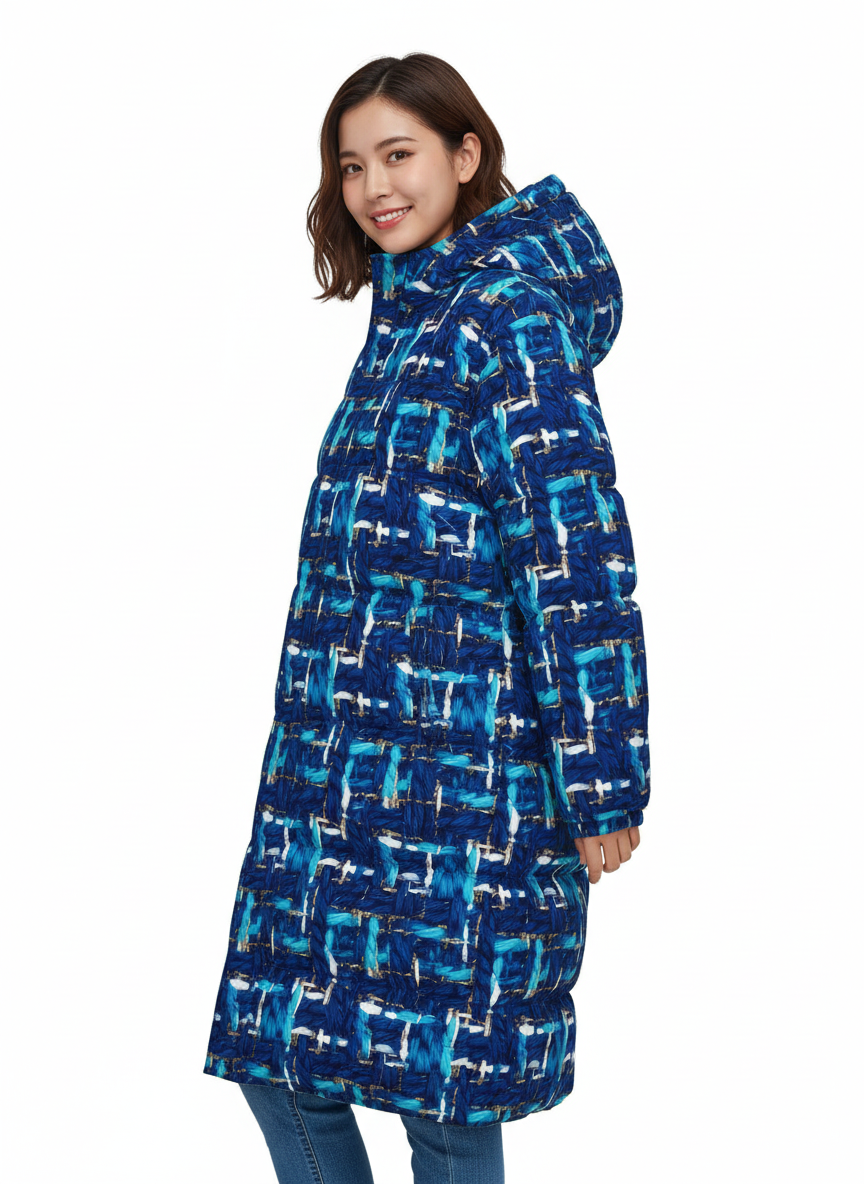 024 NISHIKIx Tweed Print Unisex Long Down Jacket - Prussian Blue
