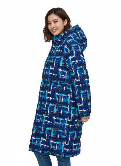 024 NISHIKIx Tweed Print Unisex Long Down Jacket - Prussian Blue